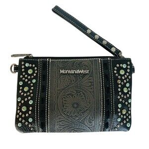 Montana West Wristlet Bag Black 8x7 in Wallet Clutch Embellished Western Cowgirl